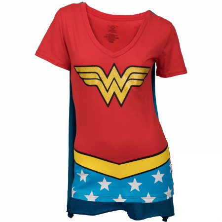 Wonder Woman Women's V-Neck Caped Costume T-Shirt